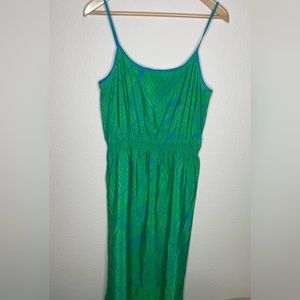 Loft Women’s Palm Print Midi Dress Tropical Leaves Sleeveless Blue Green Medium